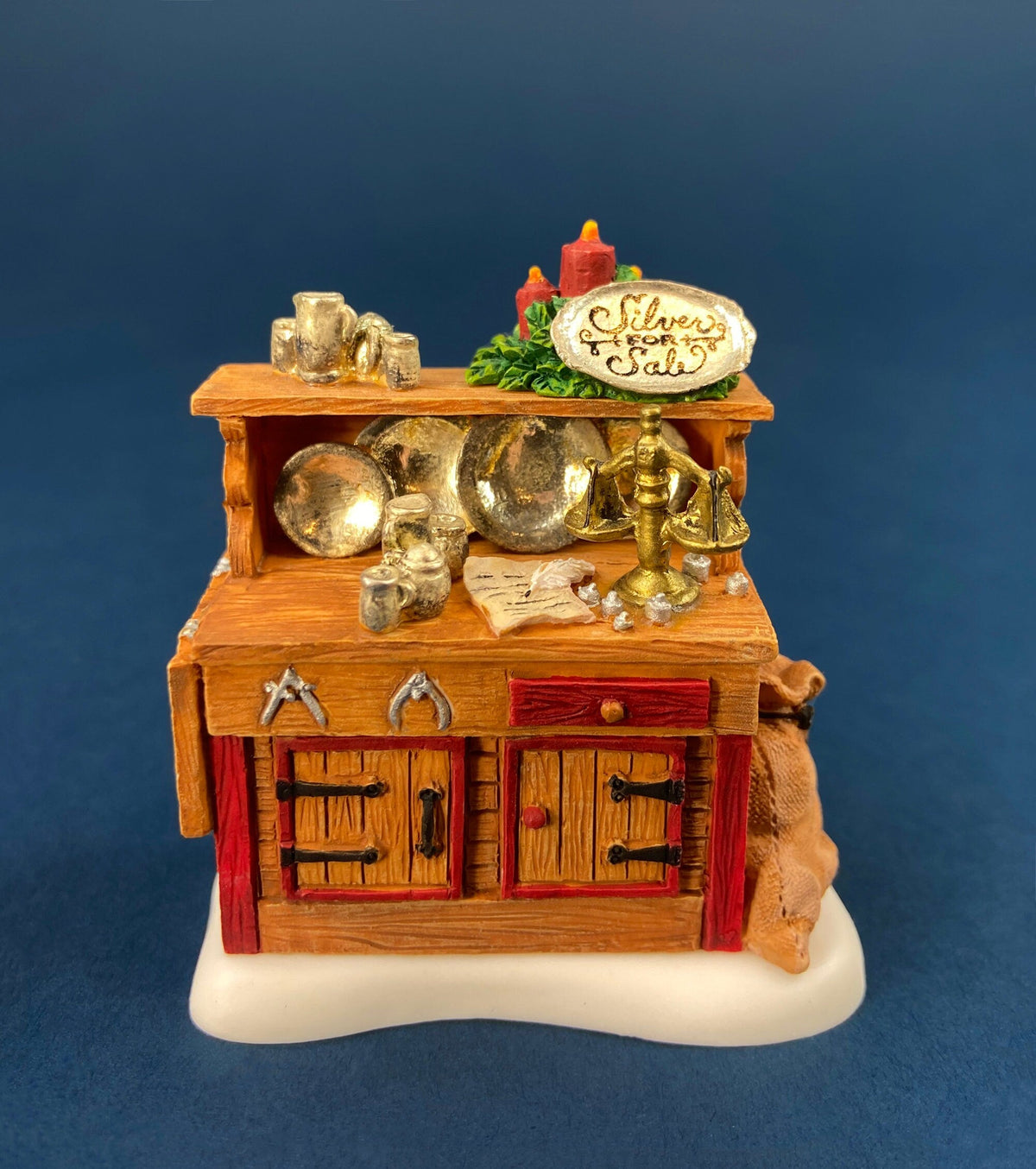 Dept. 56 Figurines. Silver for Sale. Christmas Village Accessories. Silverware Vendor & Cabinet with Silver. New England Village Series.