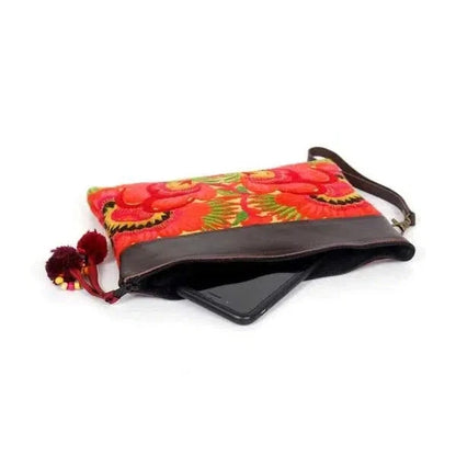 Embroidered Flower Leather Trim Wristlet - Thailand